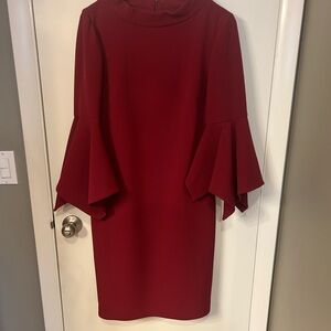 Badgley Mischka Red Long Sleeve Ruffle-Sleeve Dress